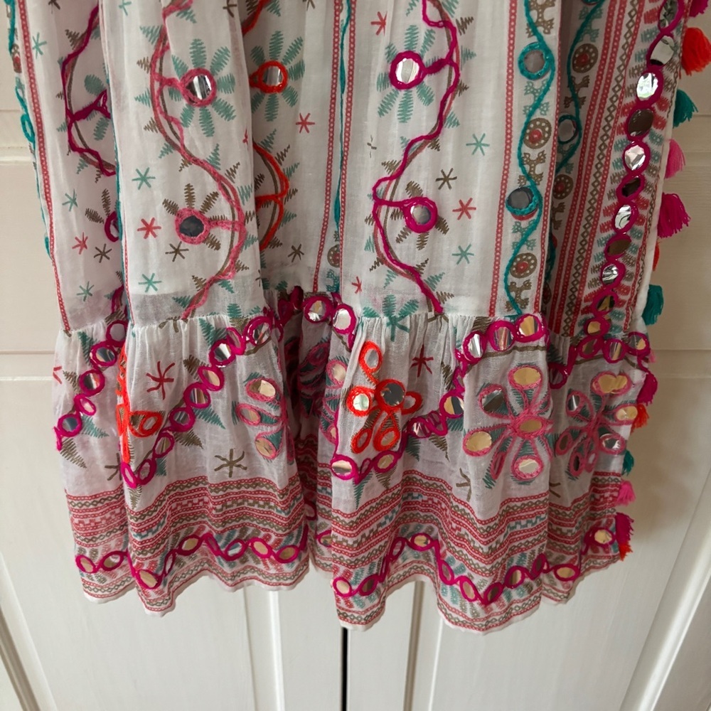 Juliet Dunn London Tribal Tassel Maxi Dress White Jade Embroidered Size 2 US 6/8 - Picture 6 of 16